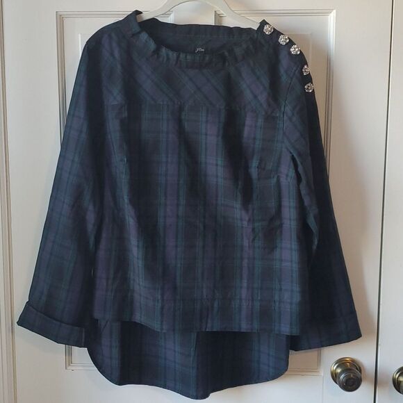 NWT J. CREW FUNNELNECK TOP BLACKWATCH TARTAN PLAID JEWELED BUTTONS SZ 8 HOLIDAY - Picture 1 of 9